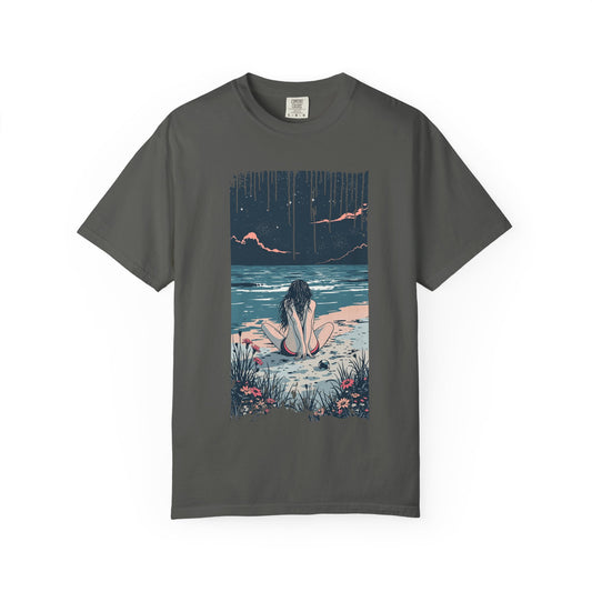 Sad Beach Scene T-shirt - Perfect for Nature Lovers, Summer Outings, Gifts for Friends, Relaxation Tees, Beach Vacation Wear