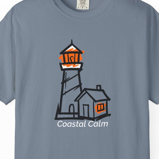 Gray t-shirt with a lighthouse graphic and 'Coastal Calm' text on a white background