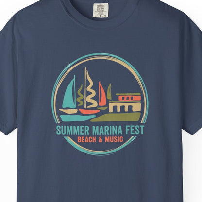 Navy blue t-shirt with a colorful graphic and text on a white background