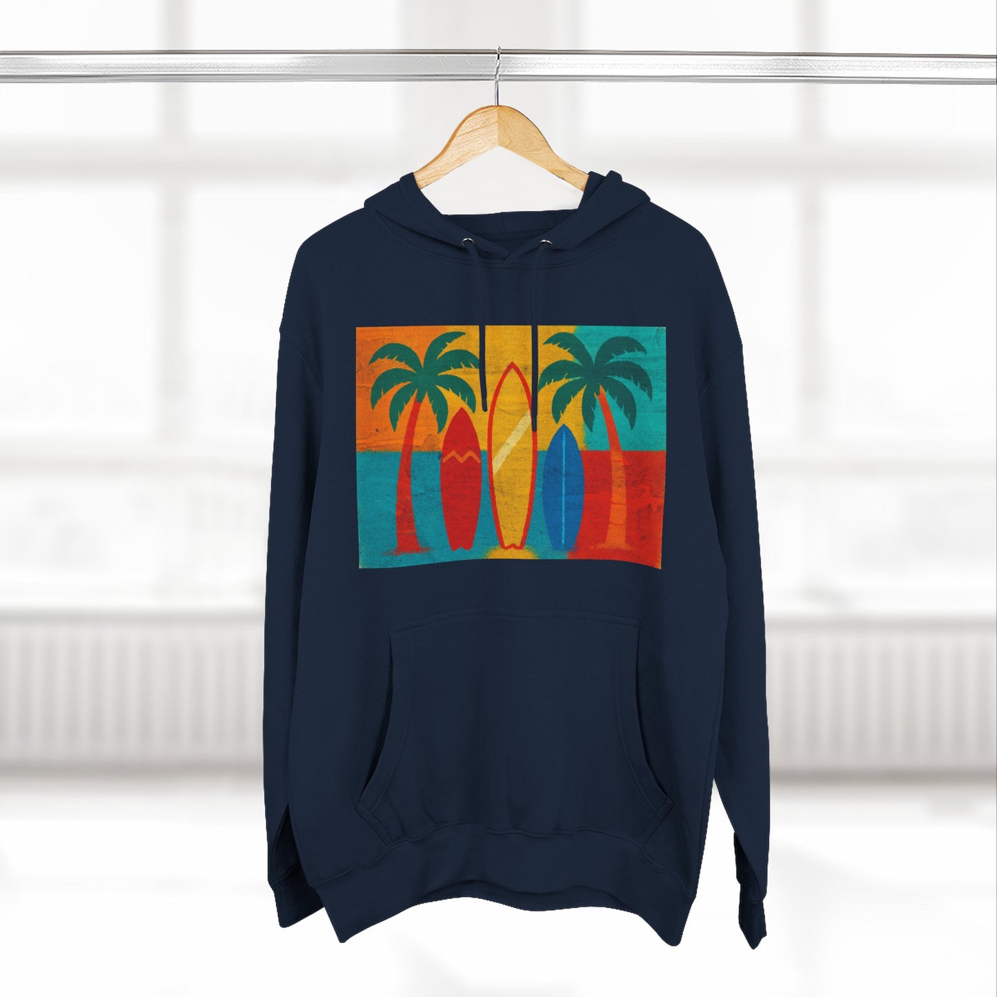 Surfboard Palm Tree Caribbean Hoodie — Retro Beach Graphic Pullover
