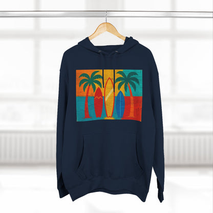 Surfboard Palm Tree Caribbean Hoodie — Retro Beach Graphic Pullover