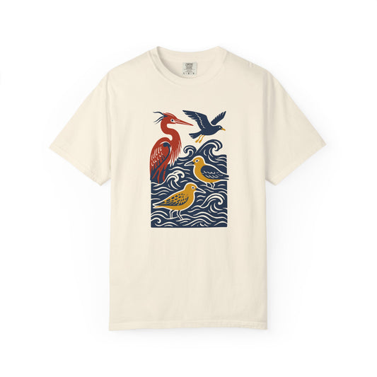 Ocean-Inspired Garment-Dyed Bird T-Shirt for Nature Lovers, Eco-Friendly Tee, Casual Wear, Gift for Bird Watchers, Summer Fashion