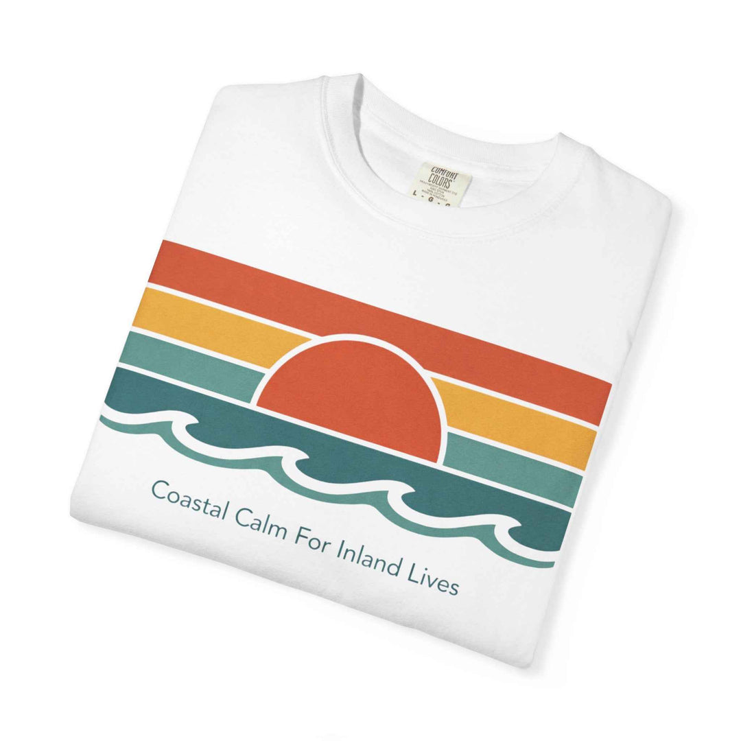 Coastal Calm Graphic T-Shirt — "Coastal Calm For Inland Lives" Sunset Waves Tee