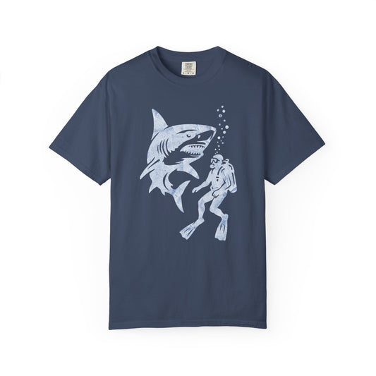 Shark Dive Unisex Garment-Dyed T-Shirt, Ocean Lover Gift, Adventure Enthusiast Shirt, Unique T-Shirt for Beach Days, Fun Diving Gift