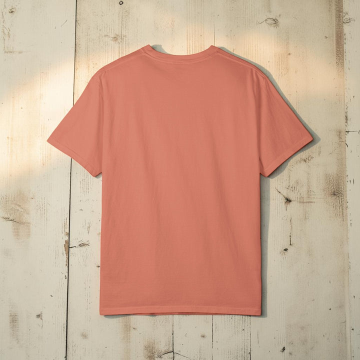 Back view of a plain terracotta t-shirt on a white background