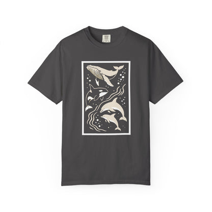 Ocean Life Garment-Dyed T-Shirt | Whale & Dolphin Design | Casual Beachwear, Gift for Ocean Lovers, Summer Outfit, Marine Life Tee