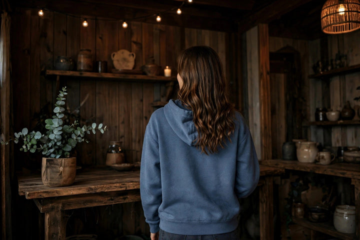 Coastal Lighthouse Hoodie — in the Five Tides room, female back