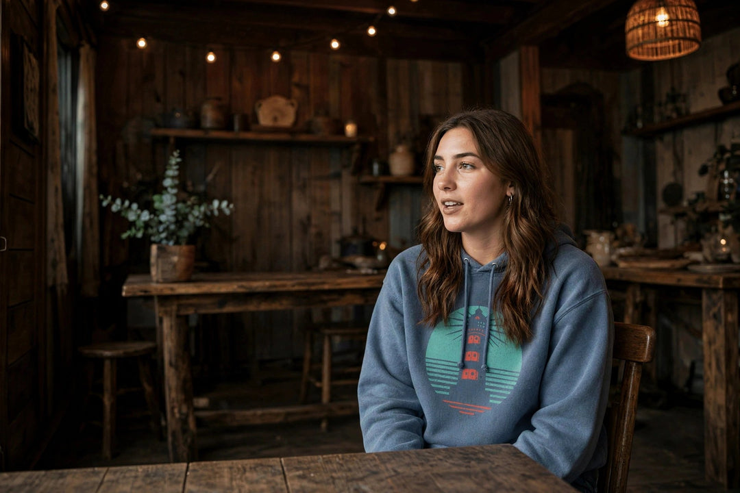 Coastal Lighthouse Hoodie — in the Five Tides room, female front