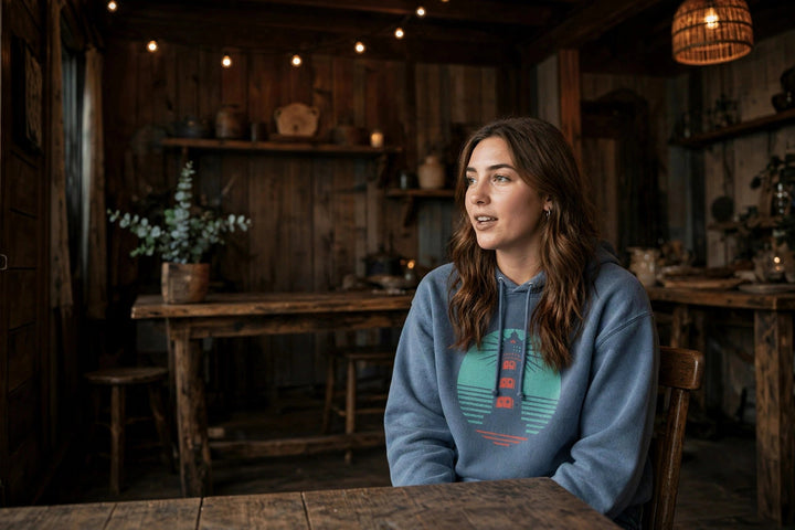Coastal Lighthouse Hoodie — in the Five Tides room, female front