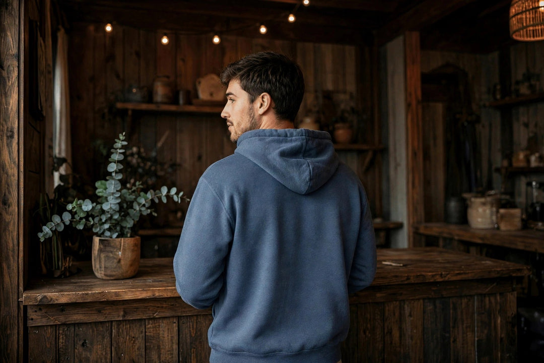 Coastal Lighthouse Hoodie — in the Five Tides room, male back