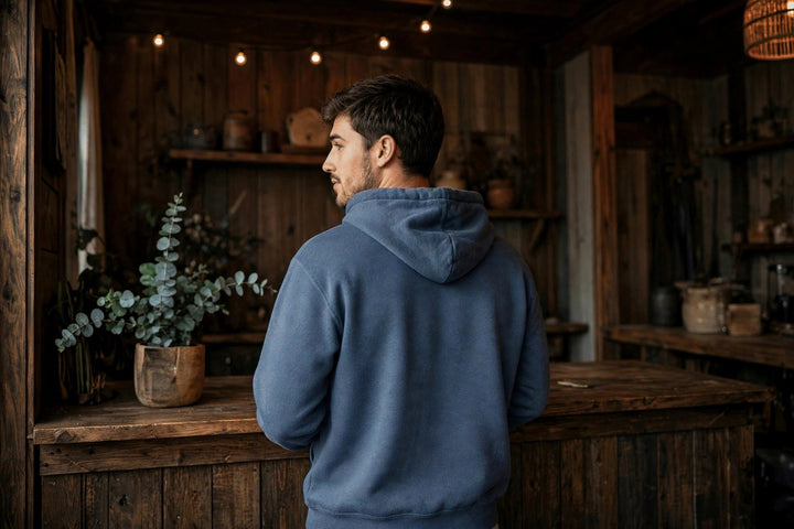 Coastal Lighthouse Hoodie — in the Five Tides room, male back
