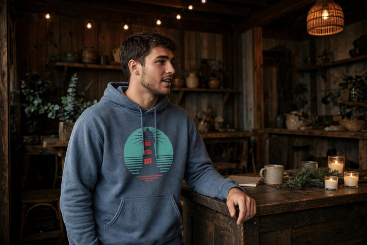 Coastal Lighthouse Hoodie — in the Five Tides room, male front