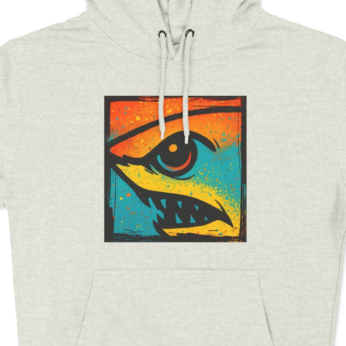 Light gray hoodie with a colorful eye design on a white background