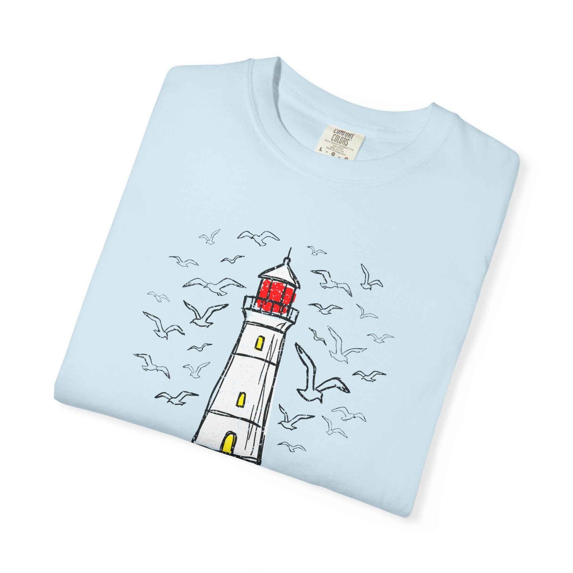 Coastal Calm Seabirds Lighthouse T‑Shirt, Beach Summer Stye Cotton Tee
