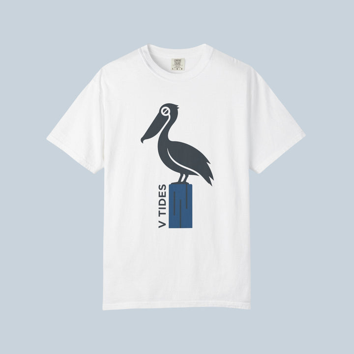 White t-shirt with a pelican graphic and &