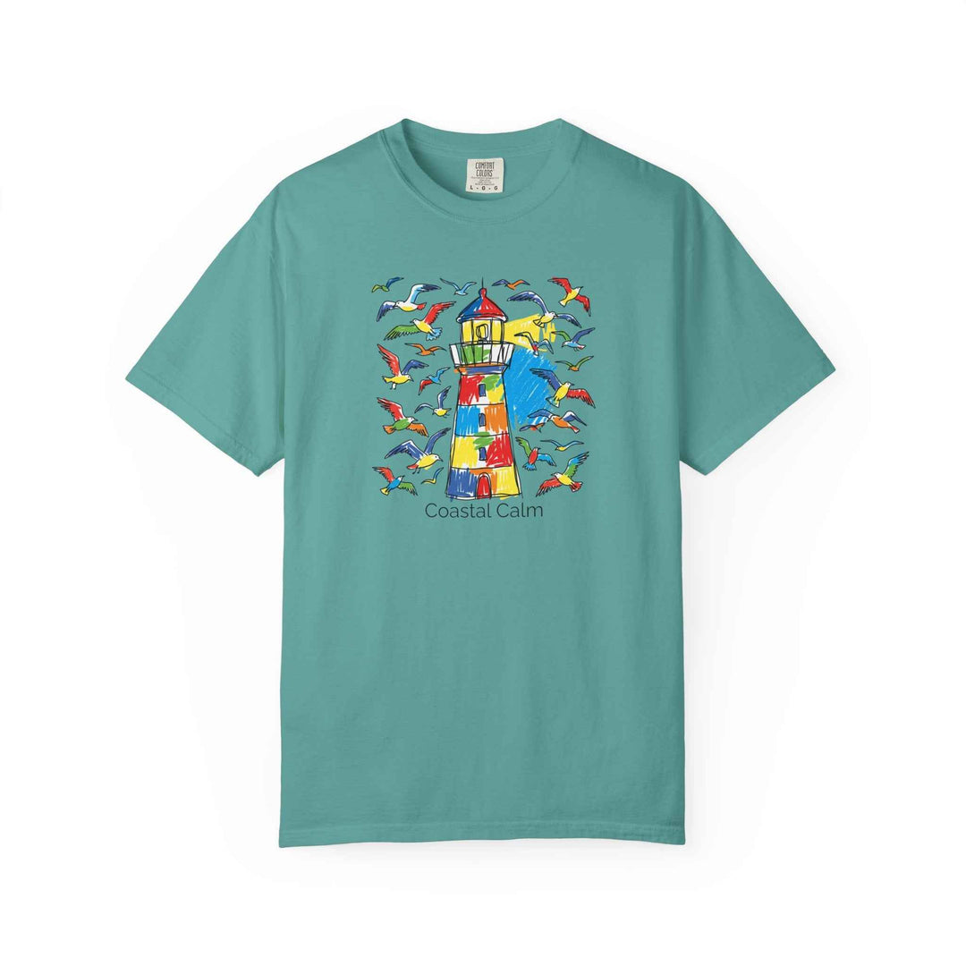Coastal Calm Summer Lighthouse T-Shirt — Beachy Seagull Graphic Cotton Tee