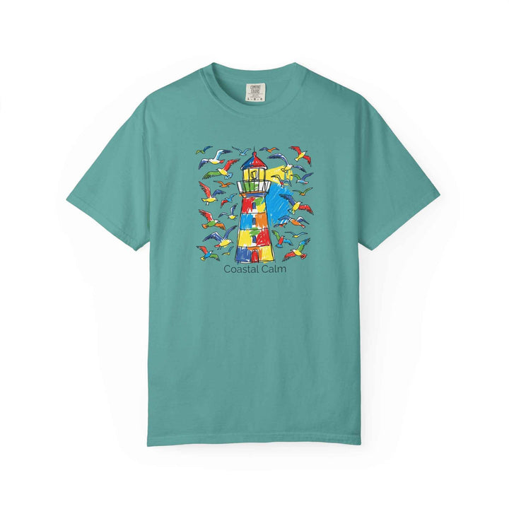 Coastal Calm Summer Lighthouse T-Shirt — Beachy Seagull Graphic Cotton Tee