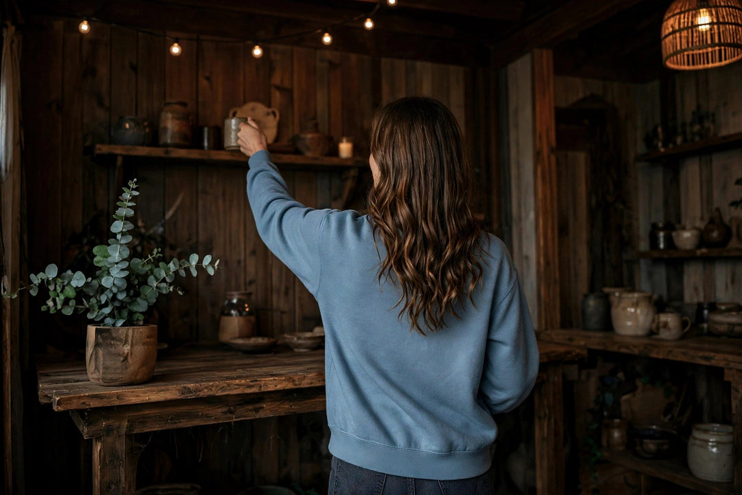 Folly Beach Sweatshirt — in the Five Tides room, female back