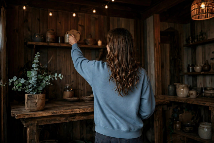 Folly Beach Sweatshirt — in the Five Tides room, female back