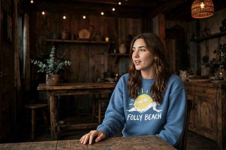 Folly Beach Sweatshirt — in the Five Tides room, female front