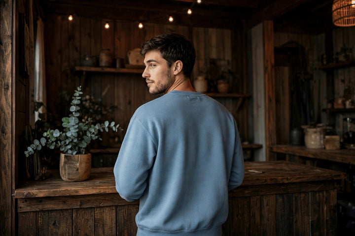 Folly Beach Sweatshirt — in the Five Tides room, male back