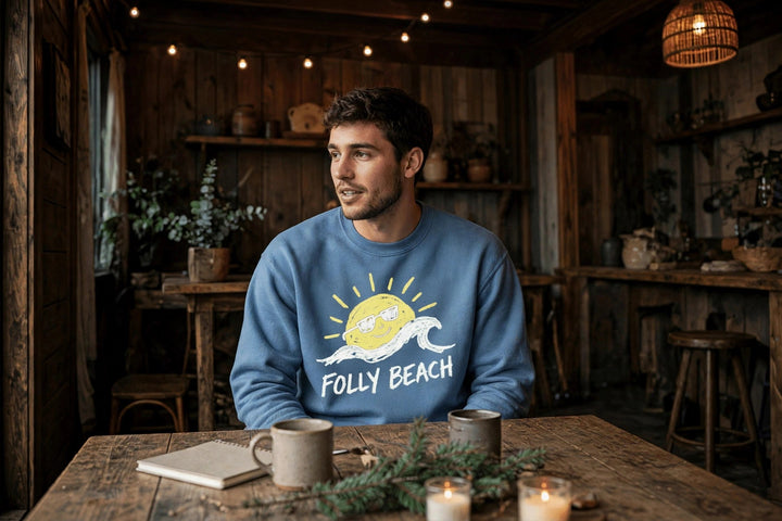 Folly Beach Sweatshirt — in the Five Tides room, male front