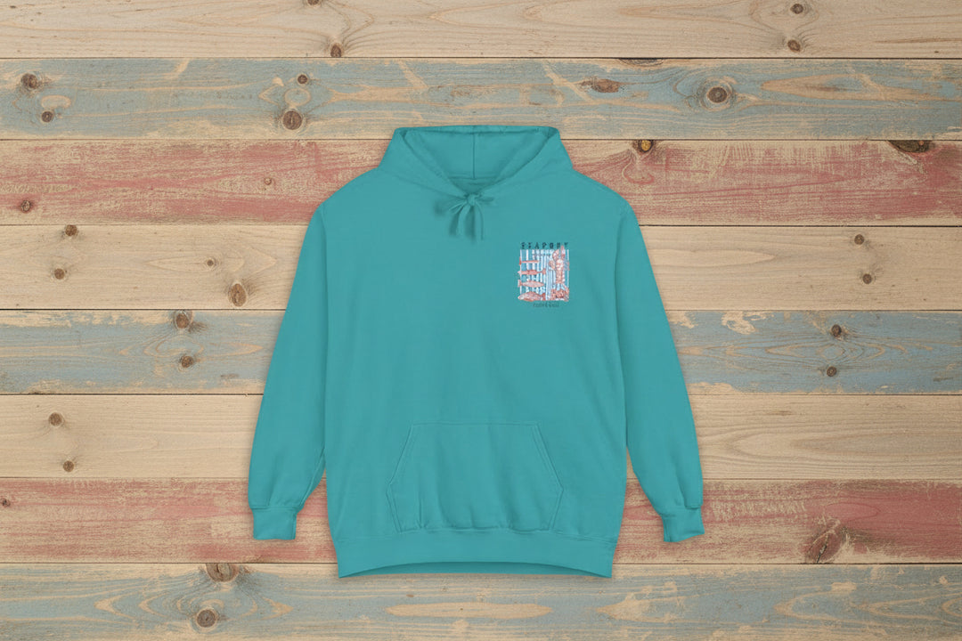 Teal hoodie with a small graphic on the chest against a white background