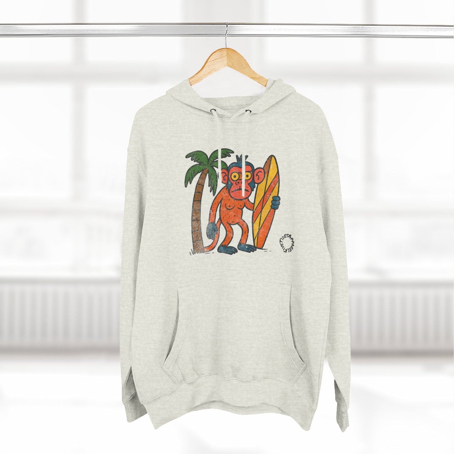 Beach Surfing Monkey Hoodie — Retro Beach Palm Tree Surfboard Graphic