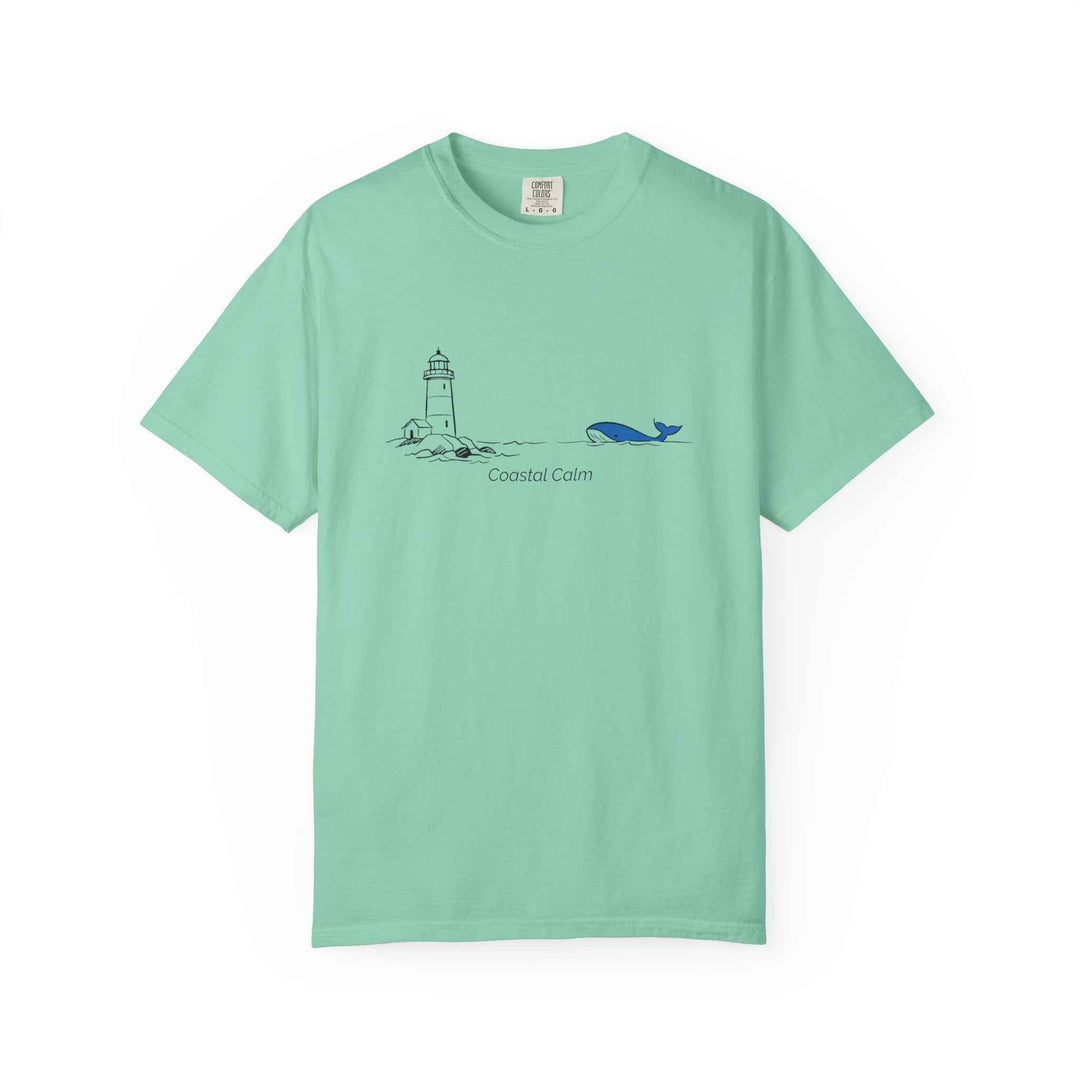 Lighthouse &amp; Whale T-Shirt — Coastal Nautical Tee ("Coastal Soul") Cotton Summer Tee