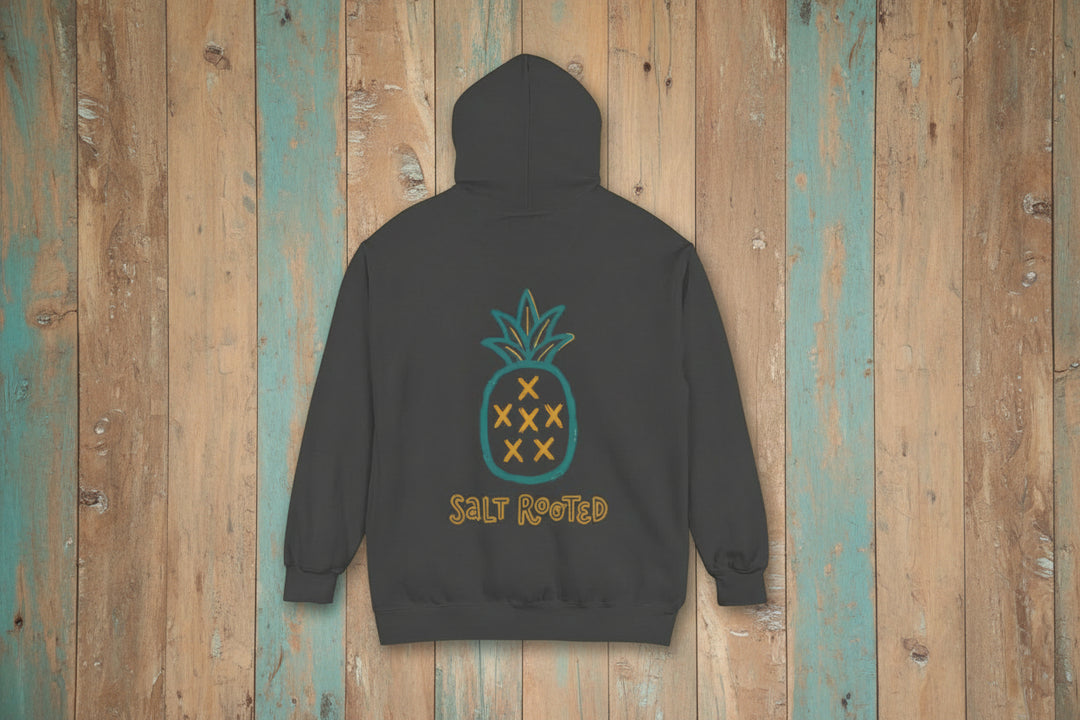 Dark gray hoodie with pineapple graphic and 'Salt Rooted' text on the back against a white background