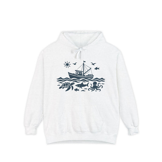 Nautical Adventure Garment-Dyed Hoodie with Ocean Design, Coastal Sweatshirt, Beach Gift, Sea Creature Pullover, Marine Life Apparel