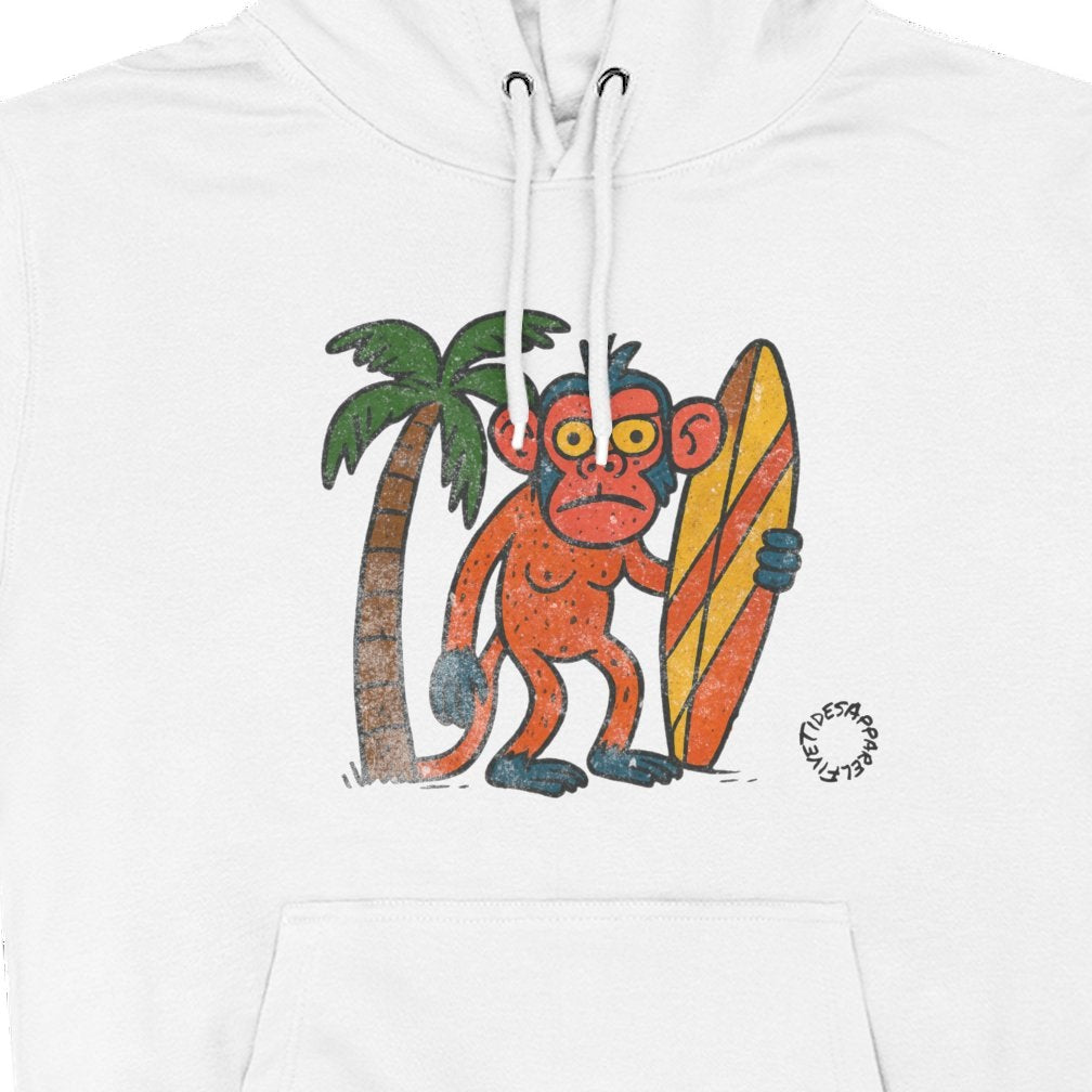 White hoodie with a monkey holding a surfboard and palm tree graphic on a white background