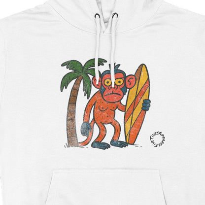 White hoodie with a monkey holding a surfboard and palm tree graphic on a white background