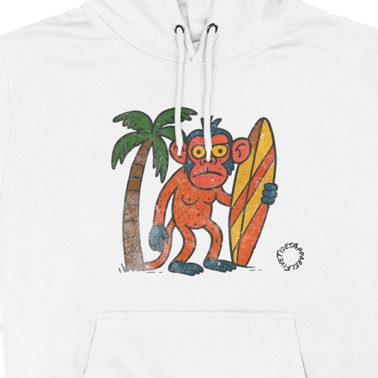 White hoodie with a monkey holding a surfboard and palm tree graphic on a white background