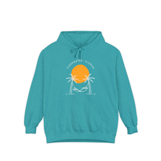 Sunset Beach Hoodie, Unisex Garment-Dyed Pullover, Clearwater Florida Souvenir, Casual Beachwear, Gifts for Ocean Lovers