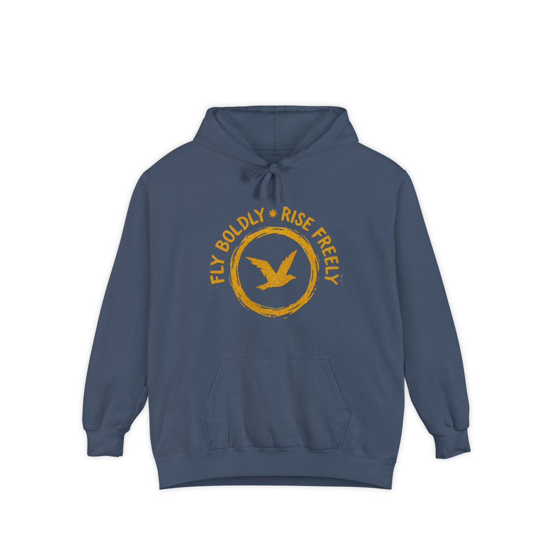 Blue hoodie with yellow text and bird graphic on a white background