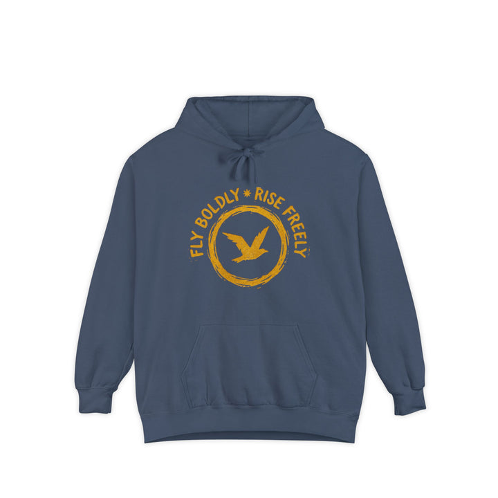 Blue hoodie with yellow text and bird graphic on a white background