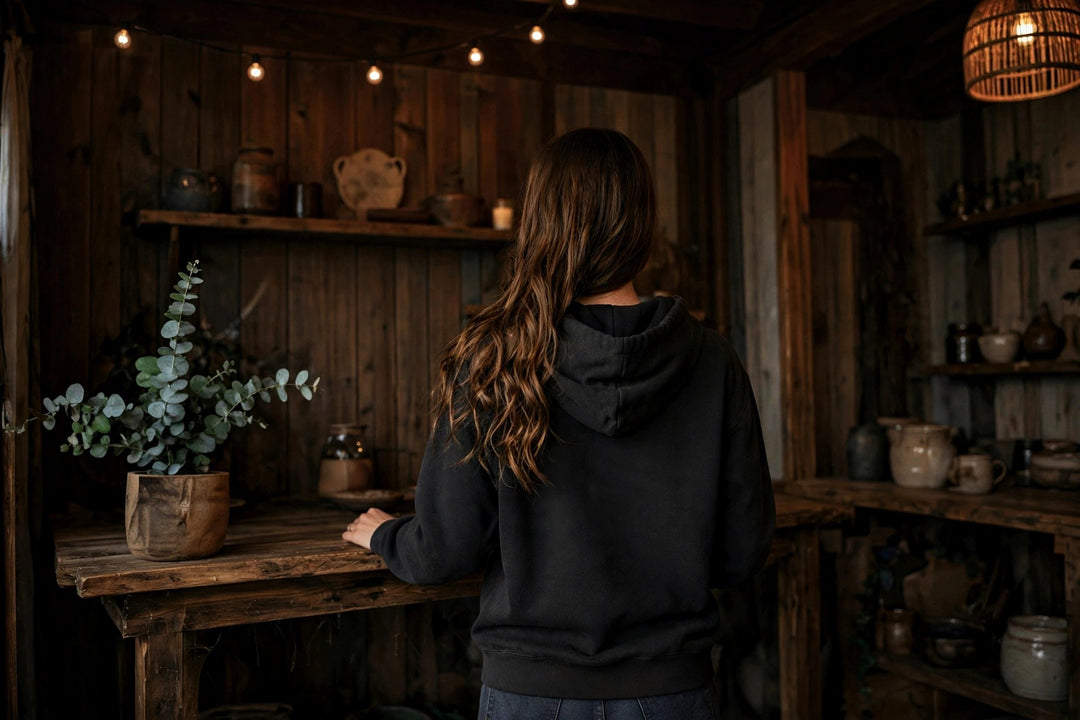 East Coast Hoodie — in the Five Tides room, female back
