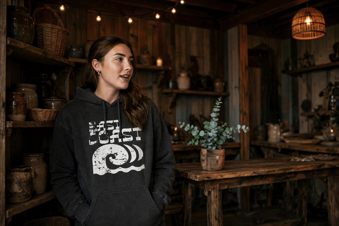 East Coast Hoodie — in the Five Tides room, female front