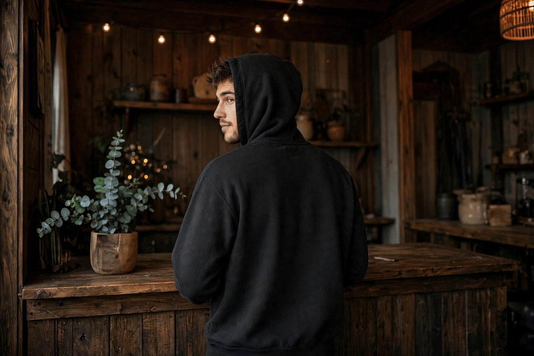 East Coast Hoodie — in the Five Tides room, male back