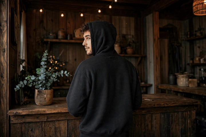 East Coast Hoodie — in the Five Tides room, male back