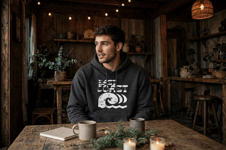 East Coast Hoodie — in the Five Tides room, male front