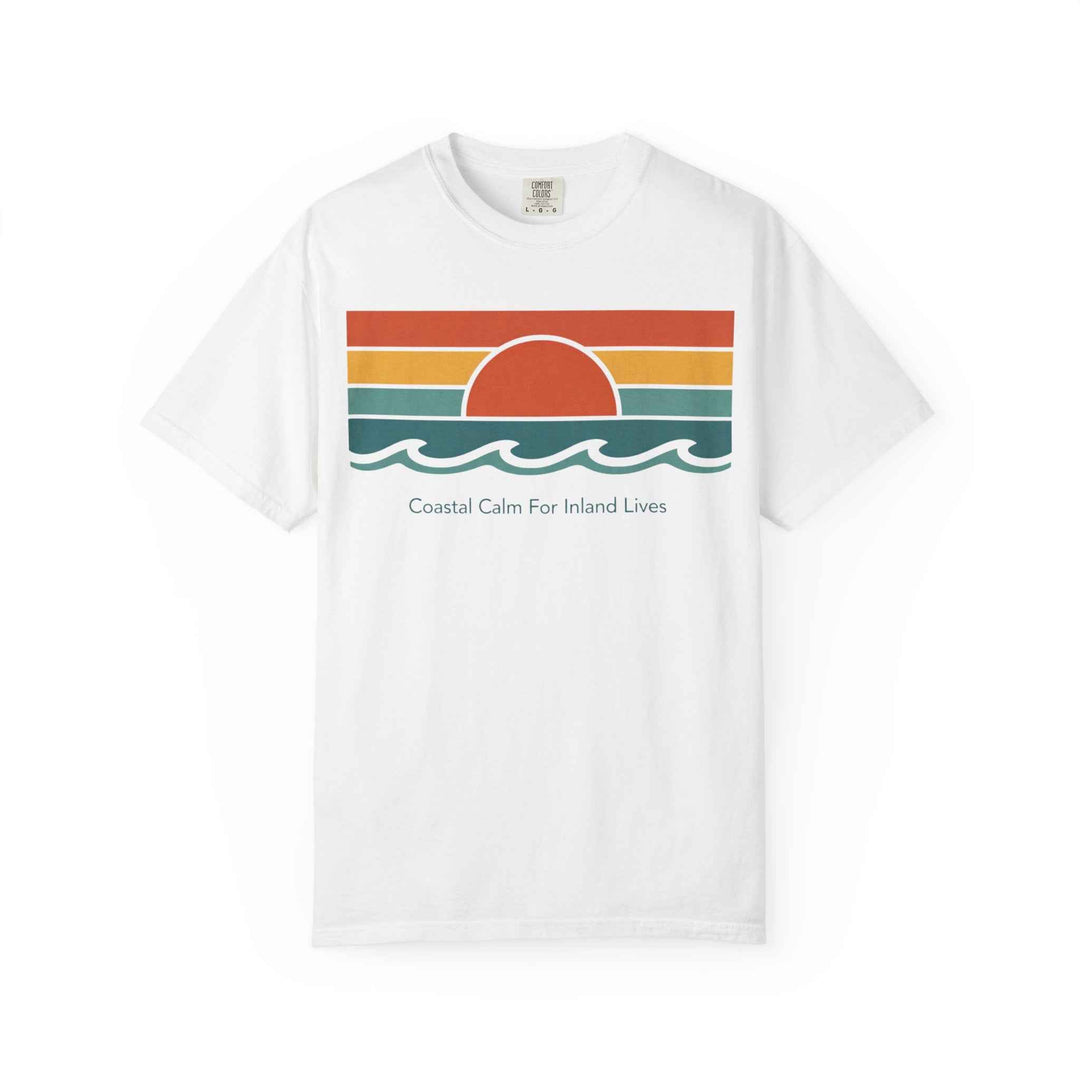 Coastal Calm Graphic T-Shirt — "Coastal Calm For Inland Lives" Sunset Waves Tee