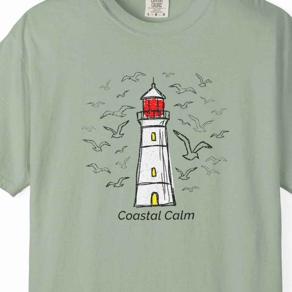 Coastal Calm Seabirds Lighthouse T‑Shirt, Beach Summer Stye Cotton Tee