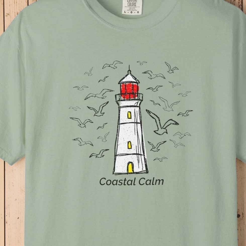 Coastal Calm Seabirds Lighthouse T‑Shirt, Beach Summer Stye Cotton Tee