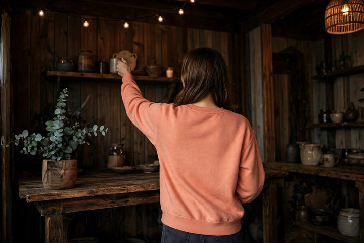 Hilton Head Sweatshirt — in the Five Tides room, female back