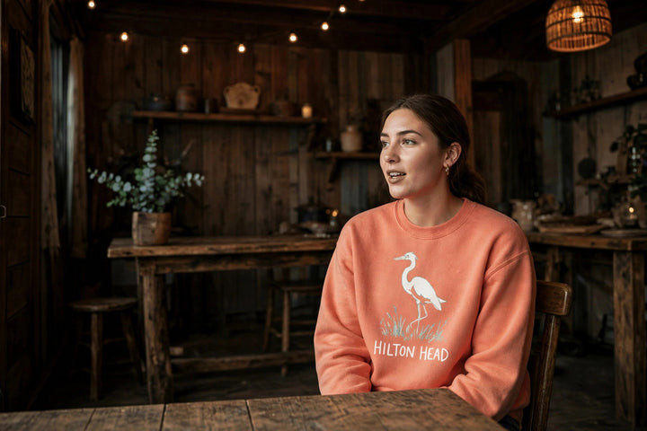 Hilton Head Sweatshirt — in the Five Tides room, female front