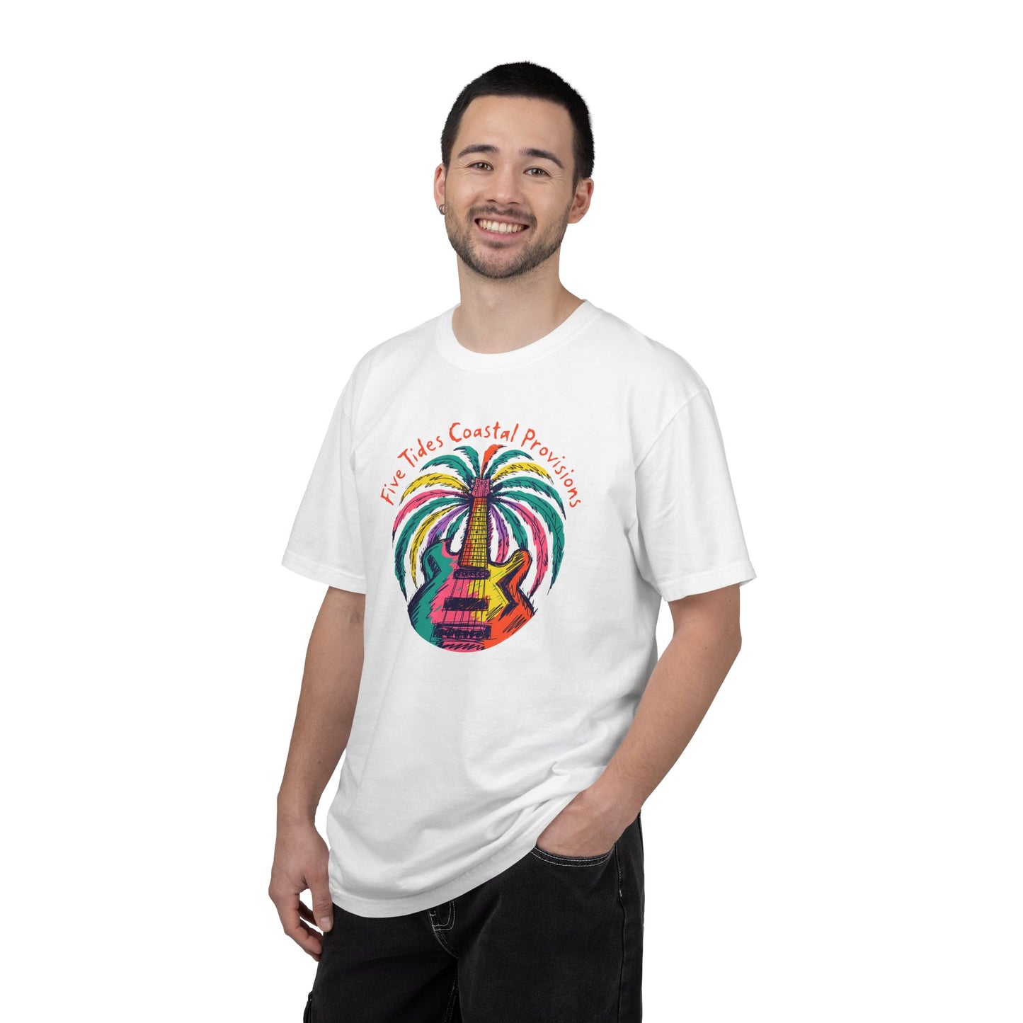 Guitar Palm Tree Graphic Art T‑Shirt - Five Tides Coastal Provisions Beach Vibe Cotton Tee