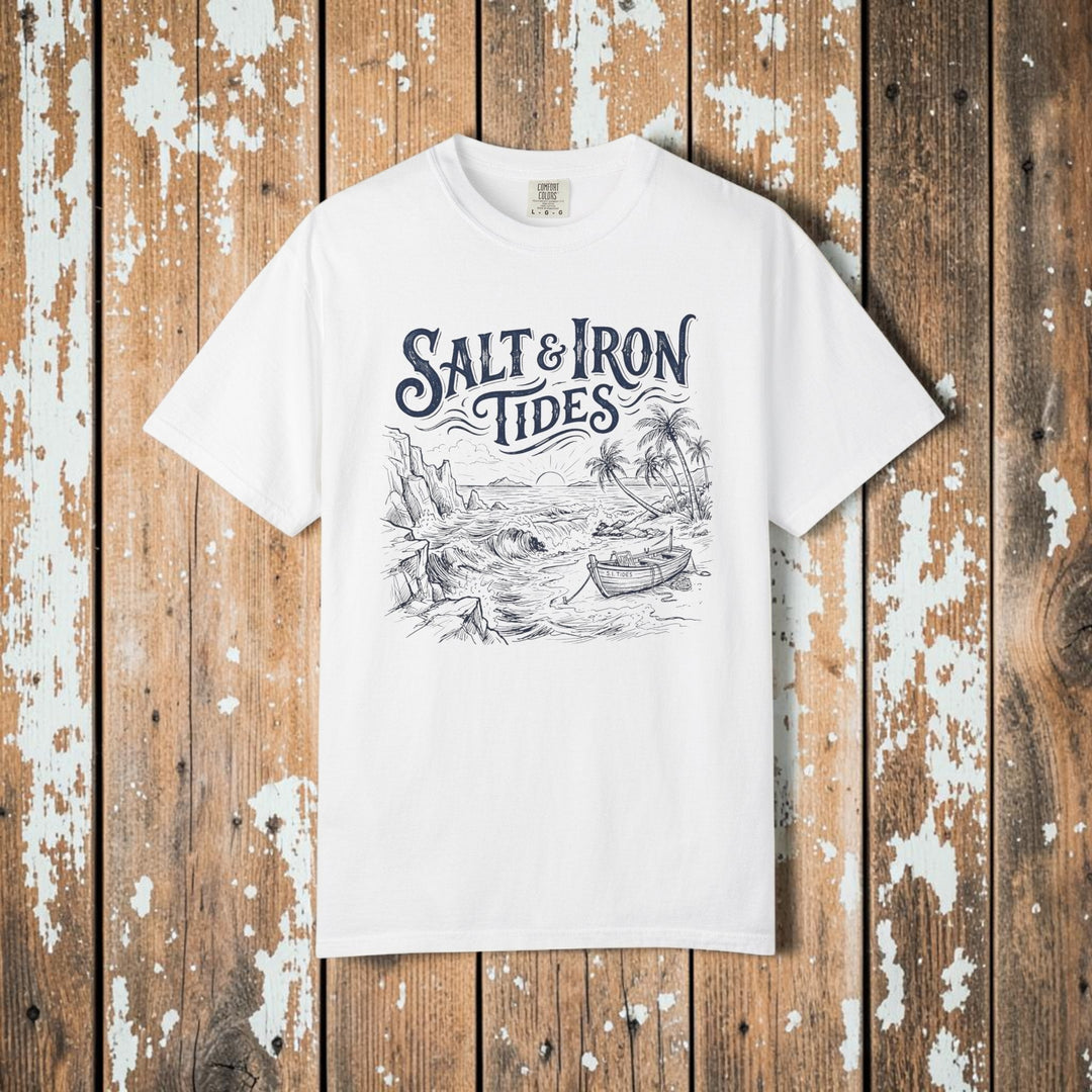 White t-shirt with 'Salt & Iron Tides' graphic design on a white background