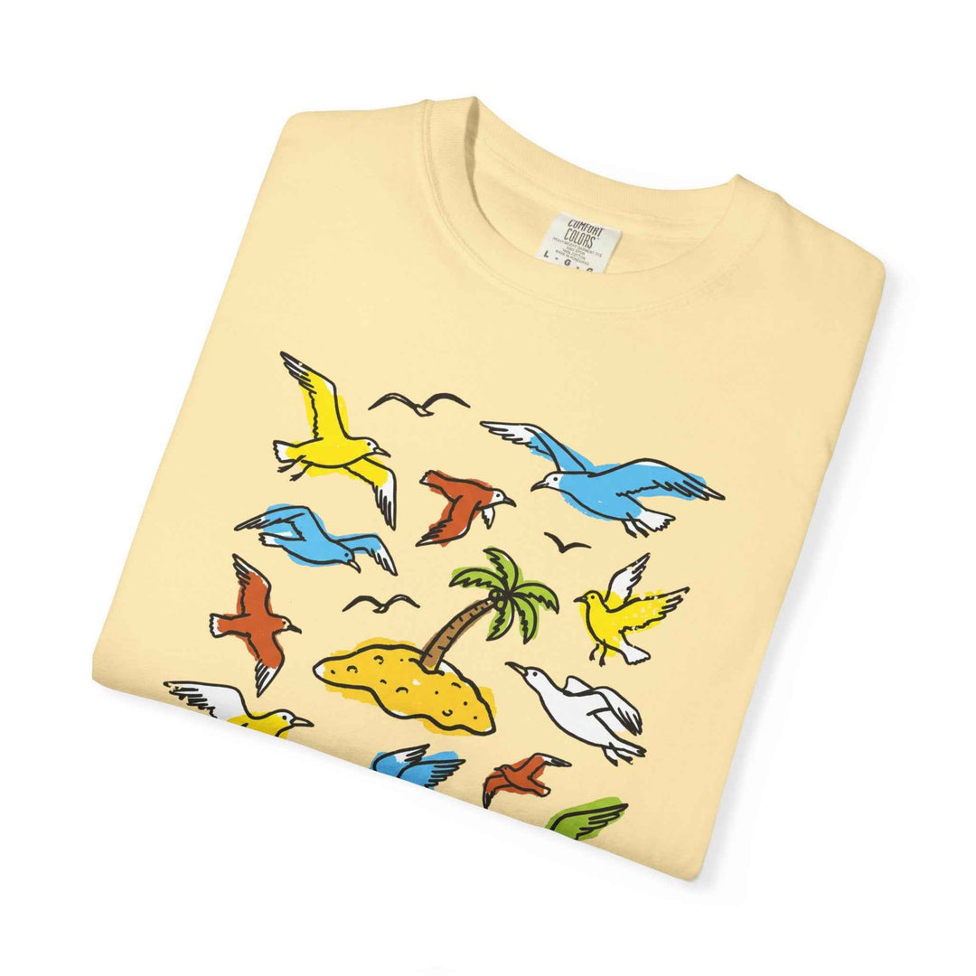 Coastal Calm Unisex Garment-Dyed T-shirt, Sea Birds Take Flight Graphic Summer Tee